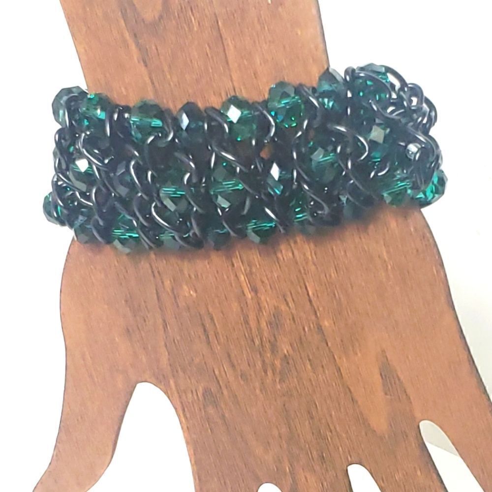 VINTAGE Chunky Black Chain & Faceted Beads Stretch Bracelet